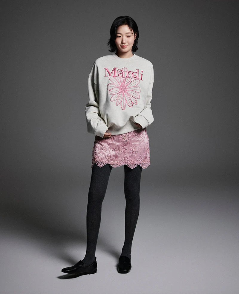 Mardi Mercredi Sweatshirt Flowermardi Needlework Oatmeal Pink - HADNES